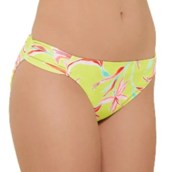 Ninety-Nine° Juniors XL Ruched High Side Hipster Swim Bottoms Lime Green Floral - Picture 6 of 6